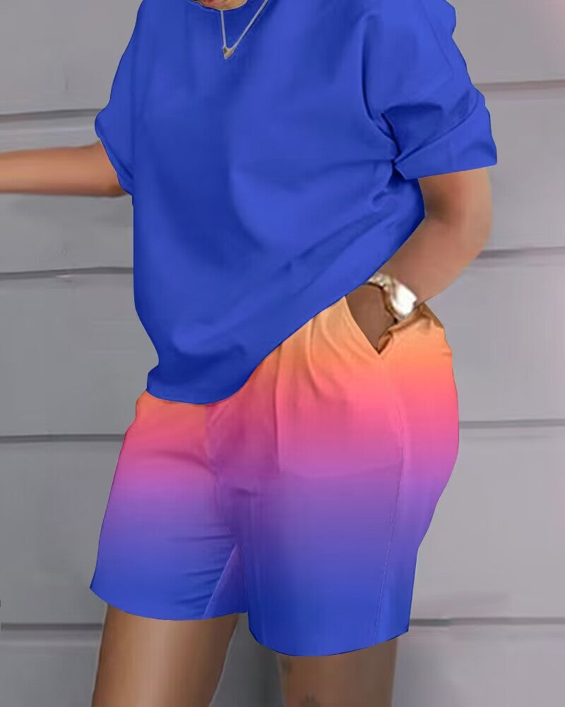 Plus Size Women Summer Print Casual Top and Shorts Two-piece Set 14