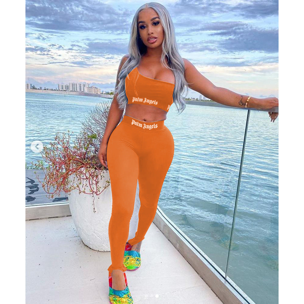 Women's Solid Color Fashion Letter Print Casual Tight Sports Two Piece Pants Set 3