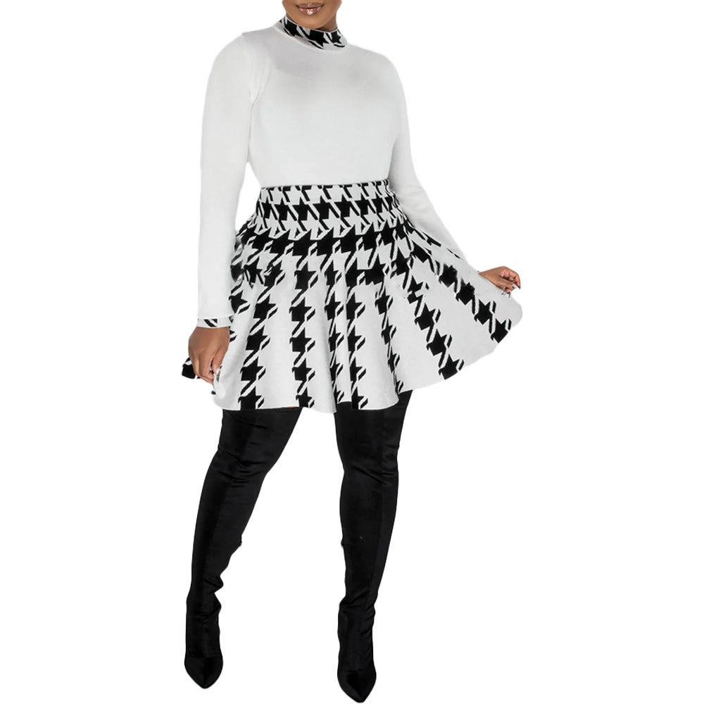 Women Casual Houndstooth Print Long Sleeve Top and Mini Skirt Two-piece Set 6