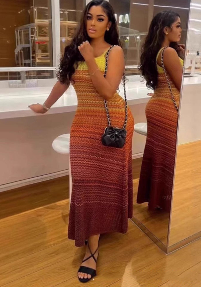 Gradient Striped Knit Sleeveless Strappy Slim Waist Slim Fit Dress 4