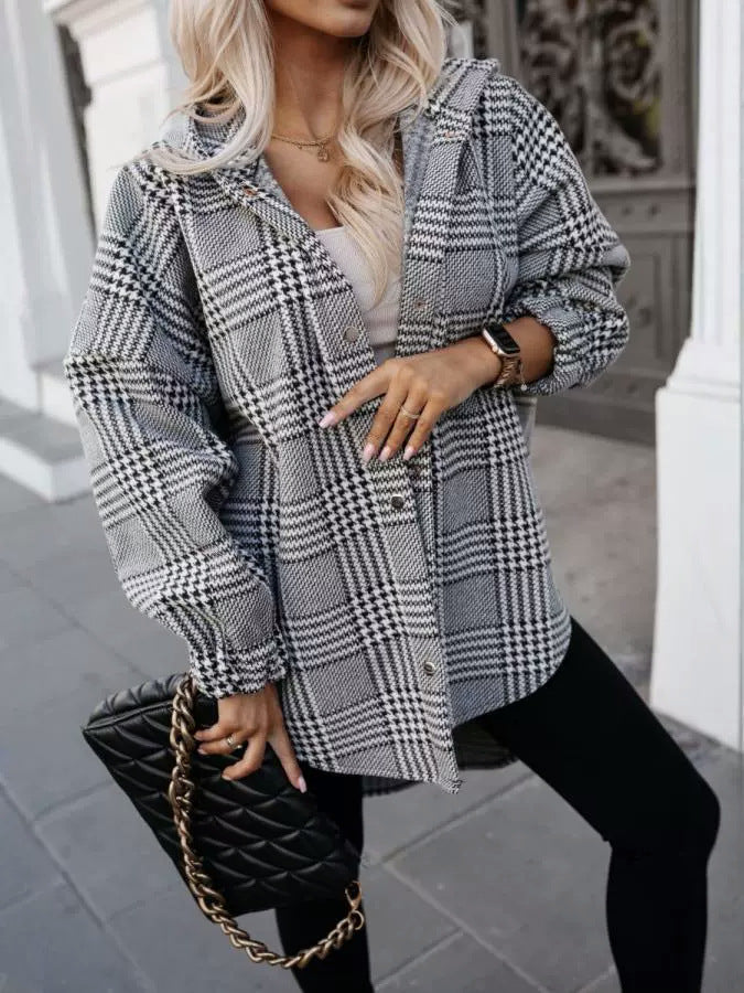 Women autumn plaid hooded split Style jacket 6