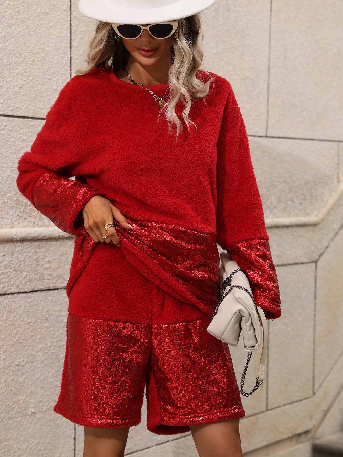Christmas Women sequined patchwork Long-sleeved Top and Shorts Two-piece Set 3