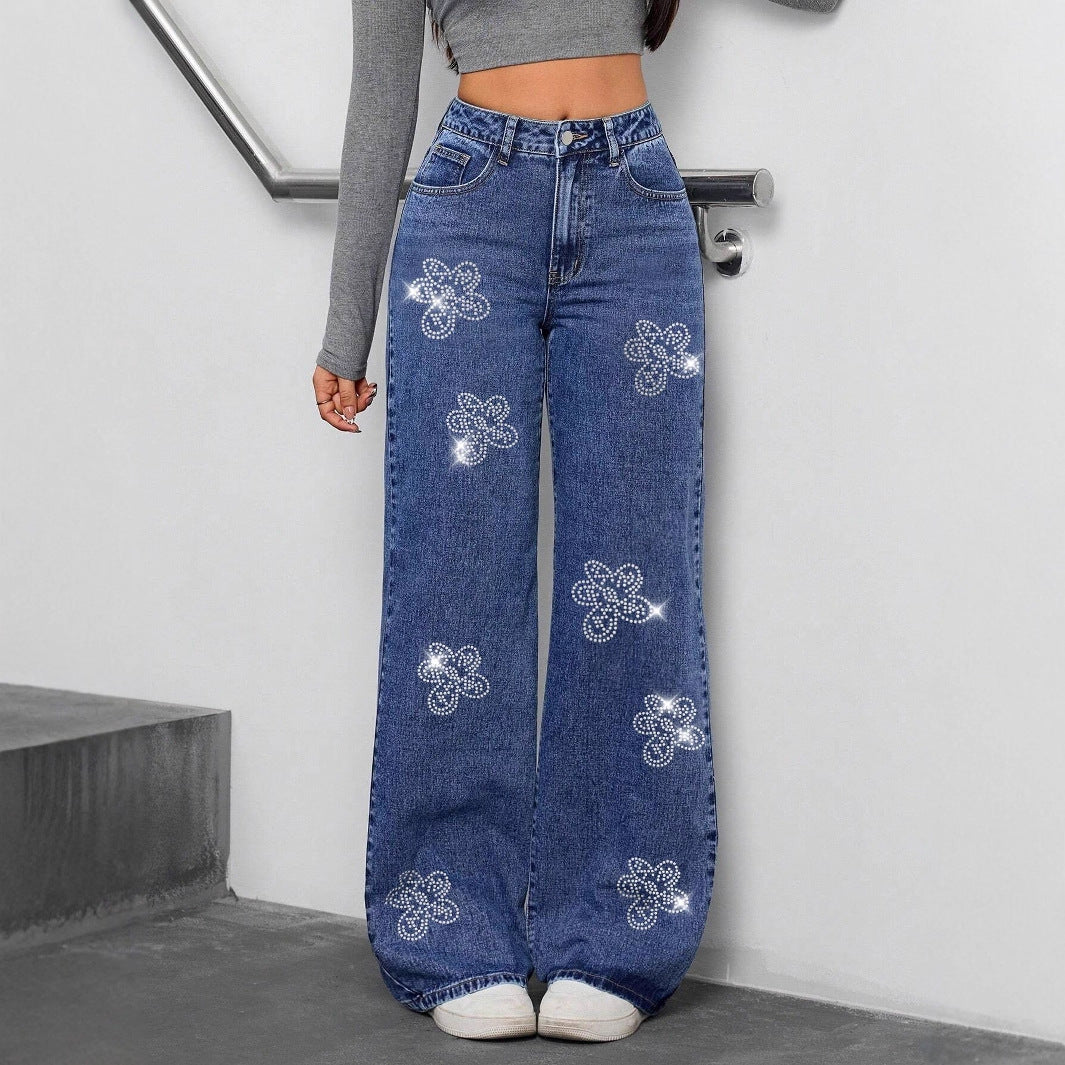 Women Autumn Floral Beaded Denim Pants 6