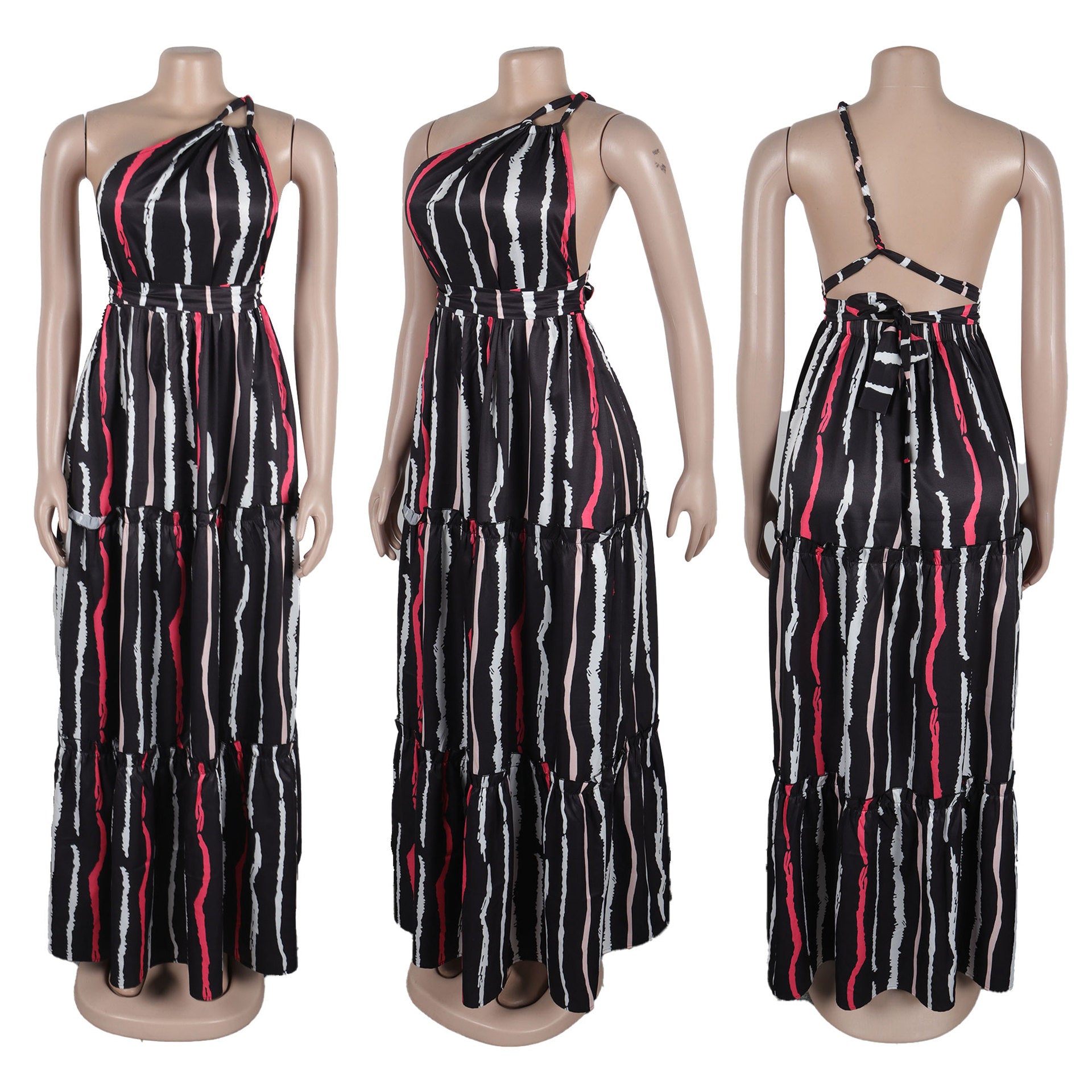 Women Sexy Print Lace-Up Slash Shoulder Backless Dress 8