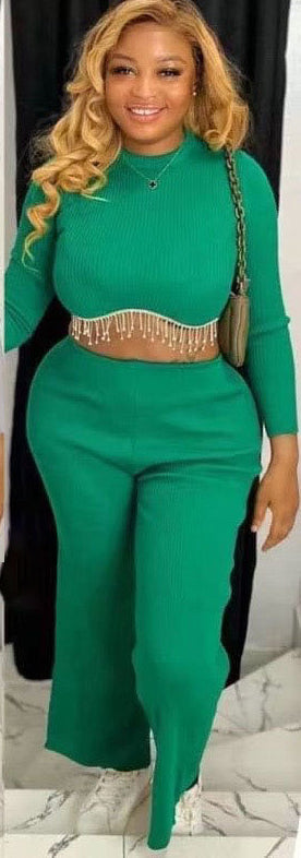 Women Patchwork Chain Round Neck Long Sleeve Top and Pants Two Piece