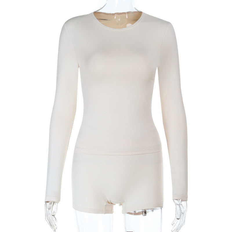 Solid Slim Fitted Long-Sleeve Top & High-Waist Butt Lift Shorts Sporty Casual Set 7