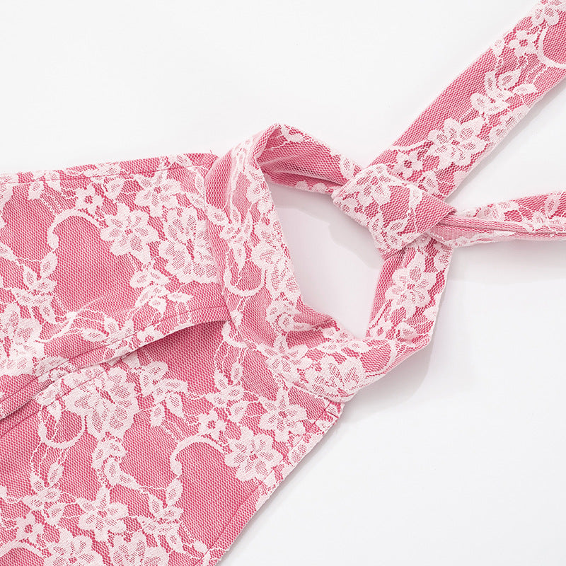 Women Spring and Summer Lace Halter Neck Lace-Up Hollow Backless Jumpsuit 15