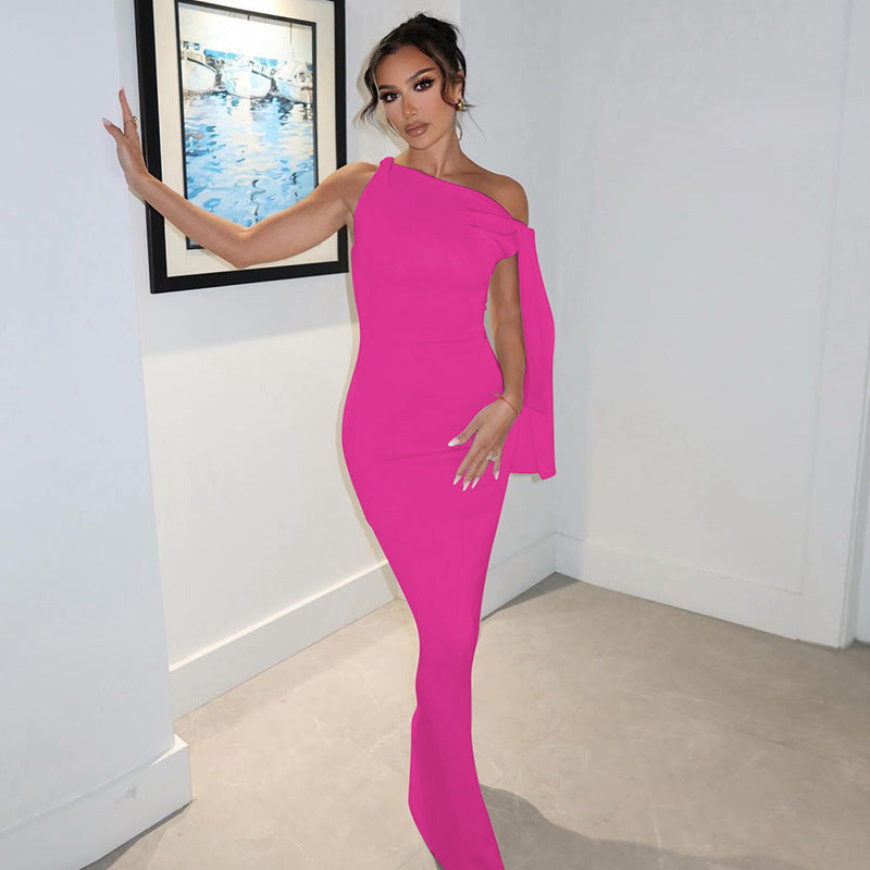 Women's Summer Fashion Chic One Shoulder Floater Solid Color Long Dress 4