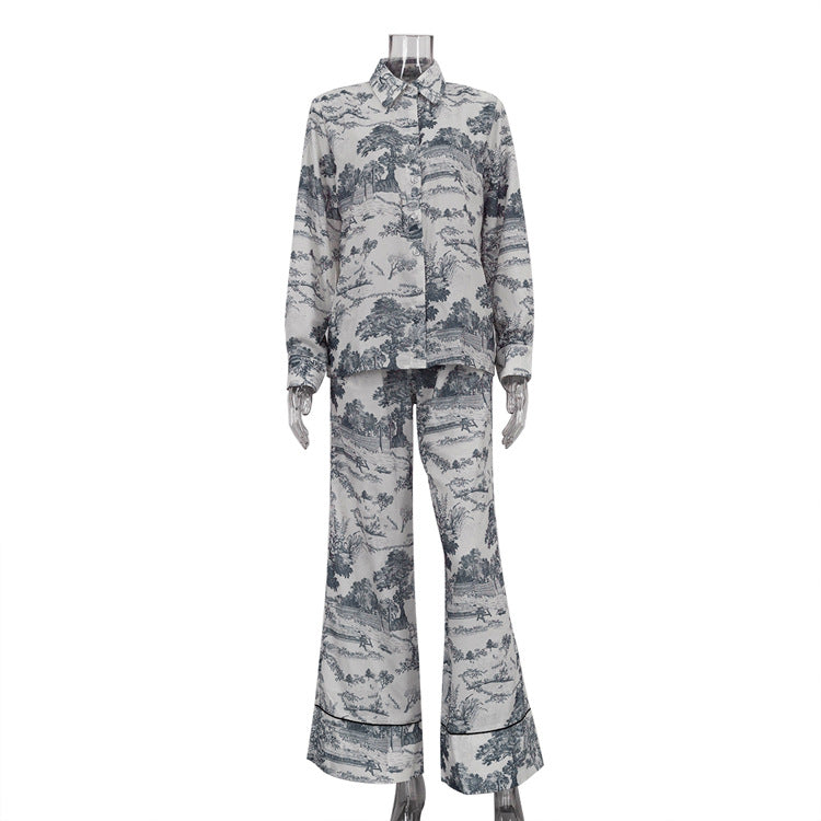 Women's Paint Print Turndown Collar Shirt High Waist Trousers Fashion Two-Piece Suit 9