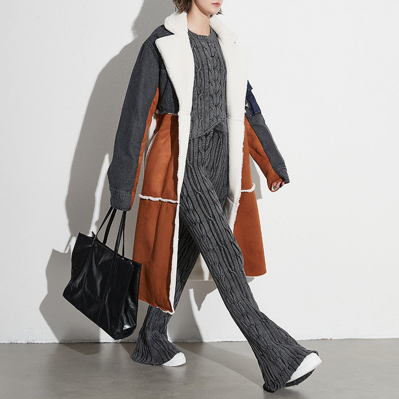 Women Autumn/Winter Turndown Collar Long Sleeve Lace-Fly Lamb Maxi Colorblock Denim Coat 3