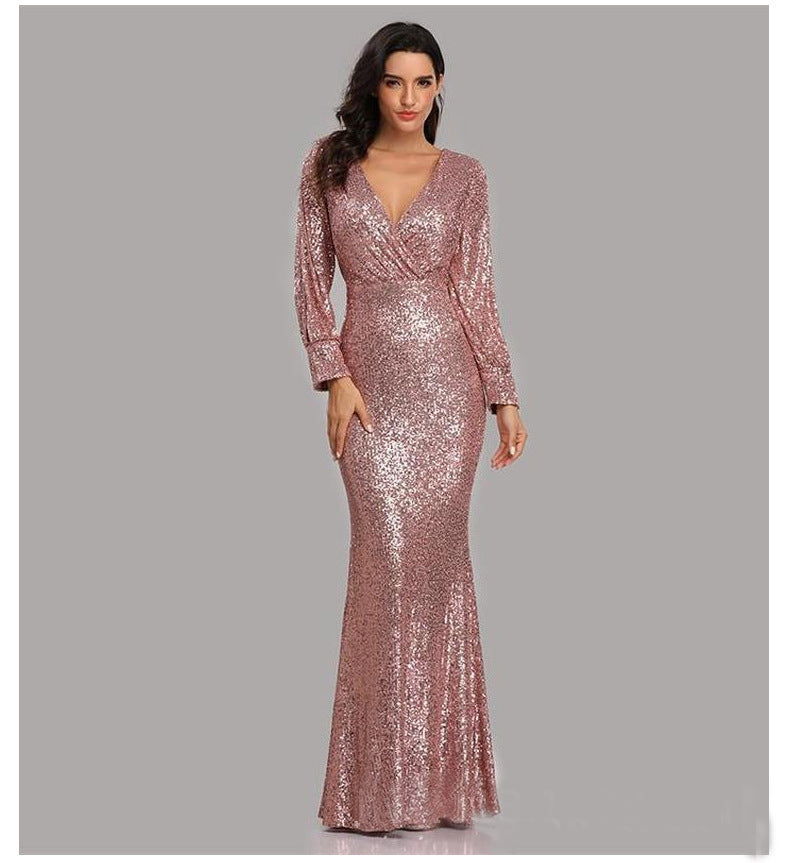 V-Neck See-Through Mesh Beaded Sexy Slim Fit Long Dress 3