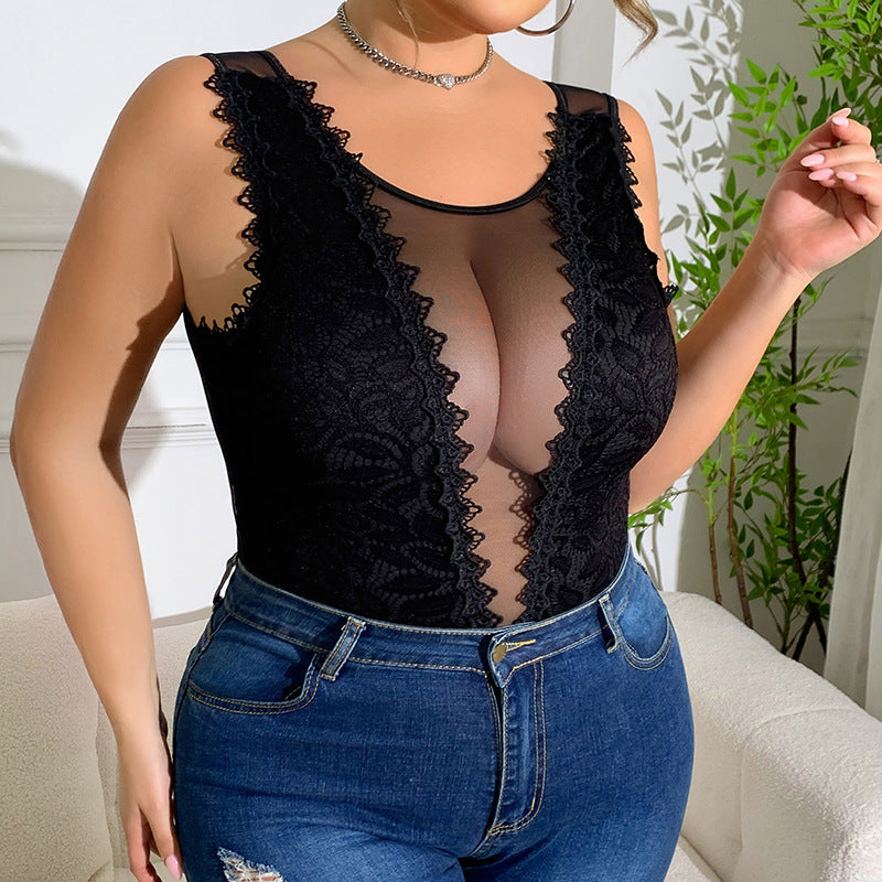 Plus Size Women Black Diamond Lace Patchwork Lace Sexy Bodysuit 5