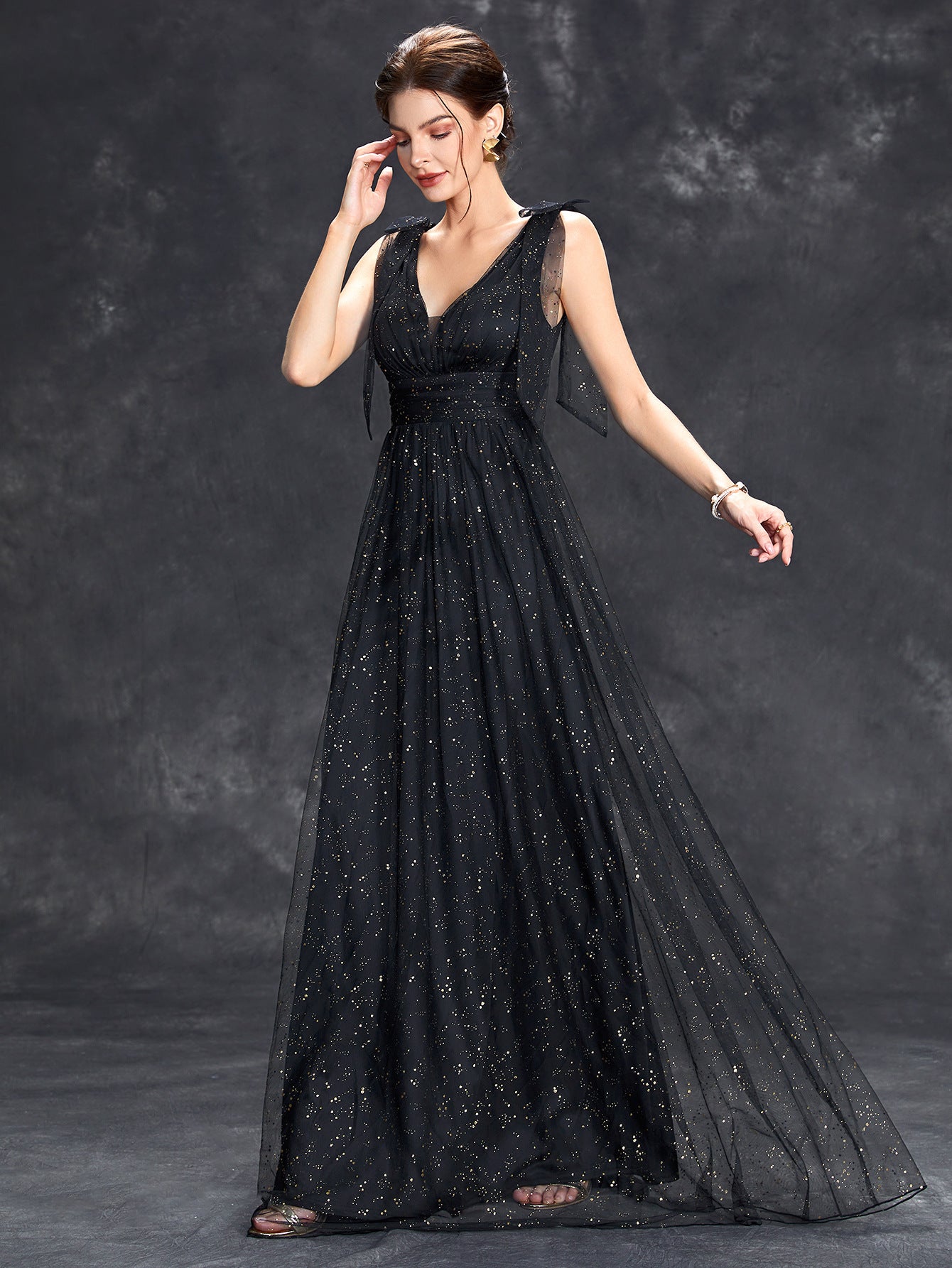 Women sequined bow elegant v-neck ball suspender evening dress（Processing time need 3-6 days） 4