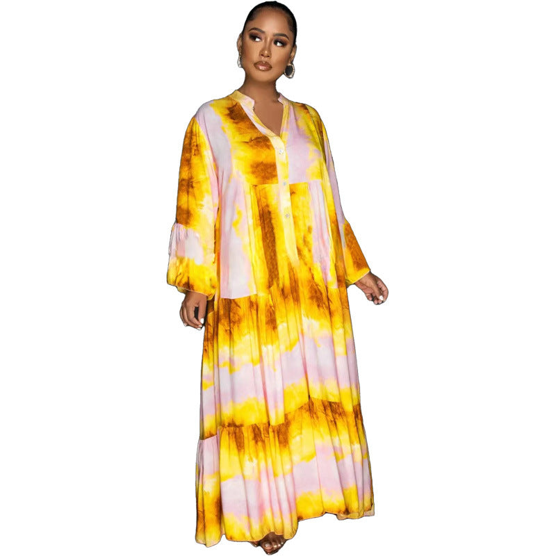 Fashion Painted And Printed V-Neck Long-Sleeved Long Swing Dress Maxi Dress 10
