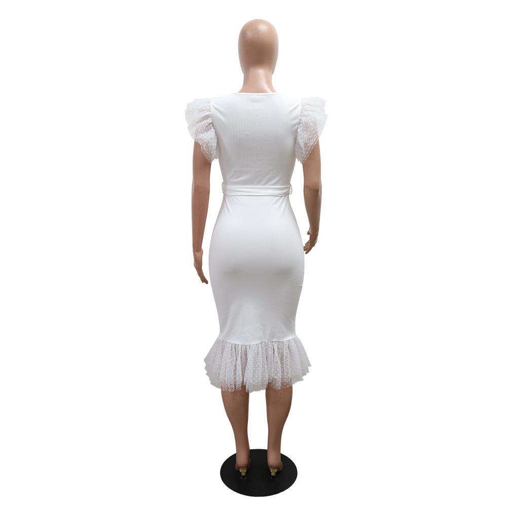 Women Sexy V-Neck Solid Bodycon Pleated Dress 10