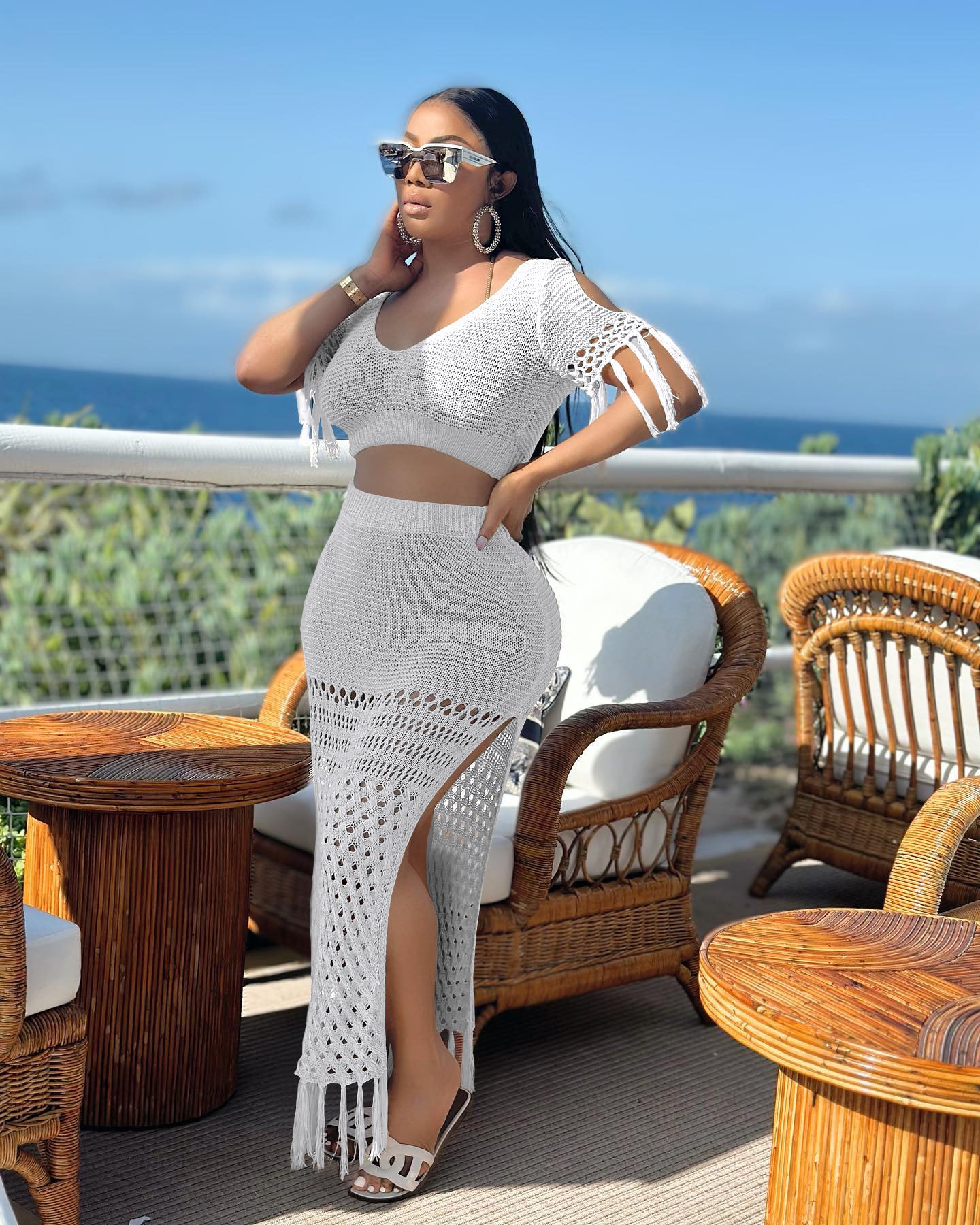 Ladies Casual Sexy Split Woolen Crochet Knitting Tassel Two-Piece Set 10