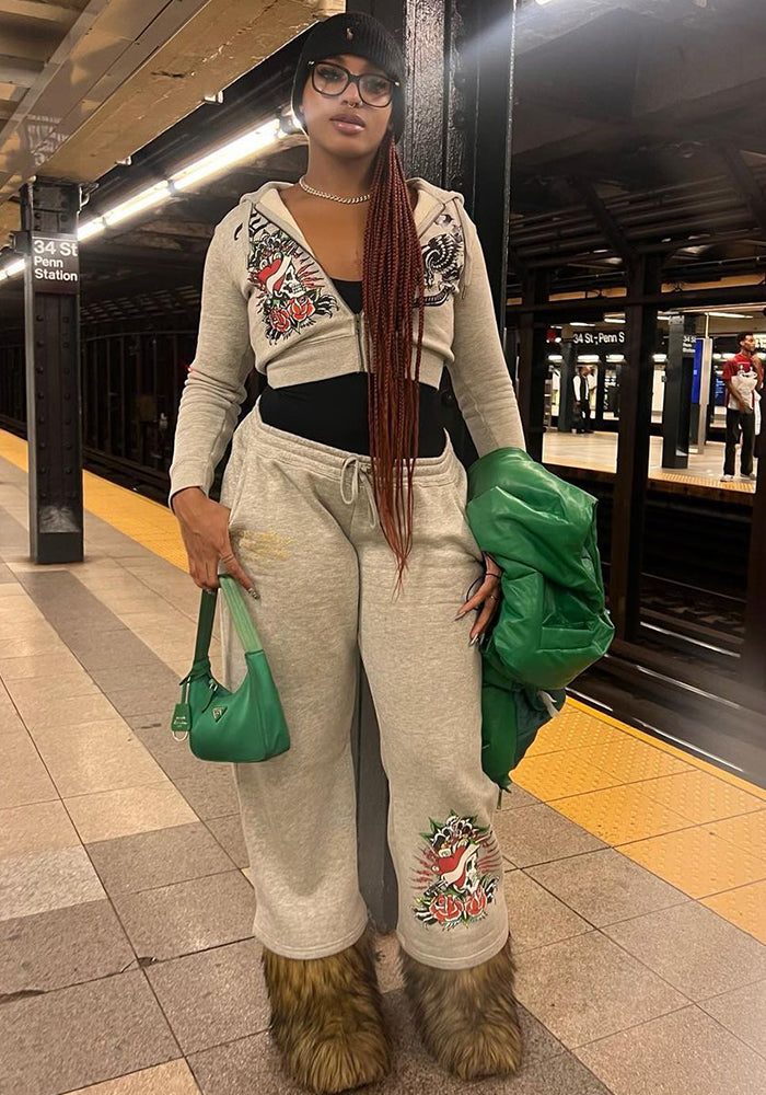 Women Zipper Printed Long Sleeve Top and Pant Two-piece Set