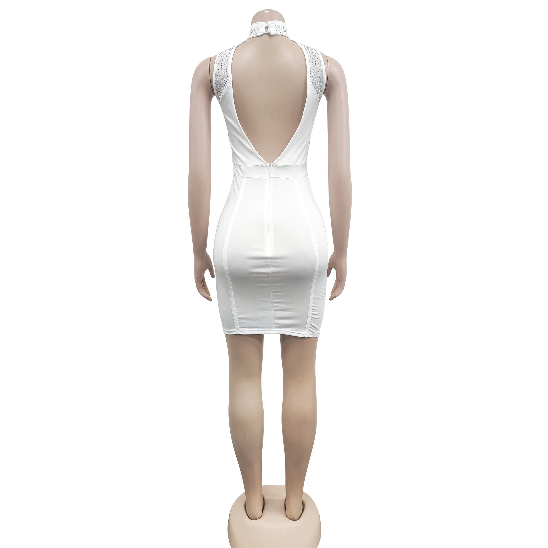 Women'S Fashion Solid Beaded Mesh See-Through Sleeveless Backless Club Bodycon Dress 15