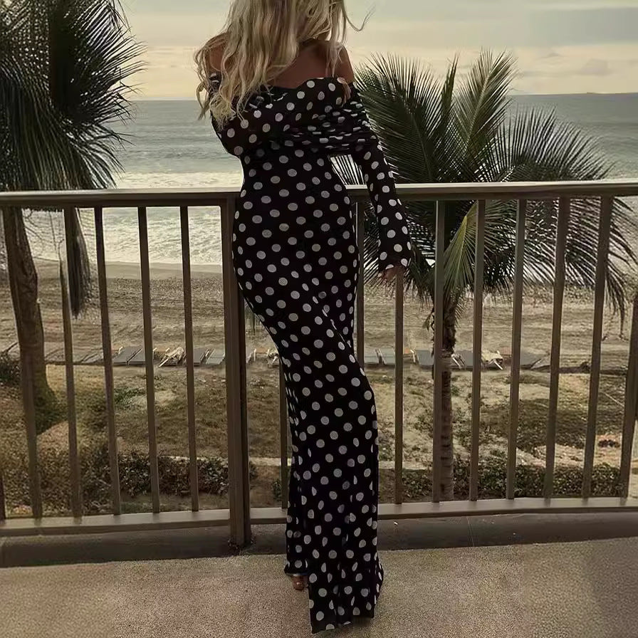 Women Spring Summer Mesh Polka Dot Off Shoulder Dress 6