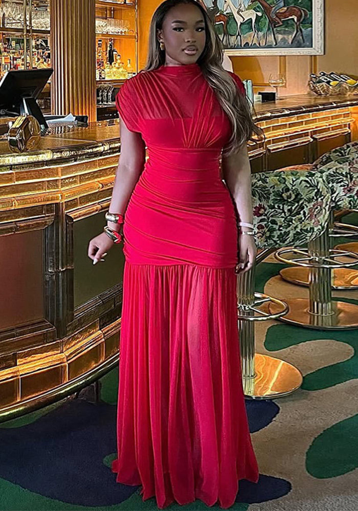 Women Solid Patchwork Sleeveless Turtleneck Pleated Bodycon Dress