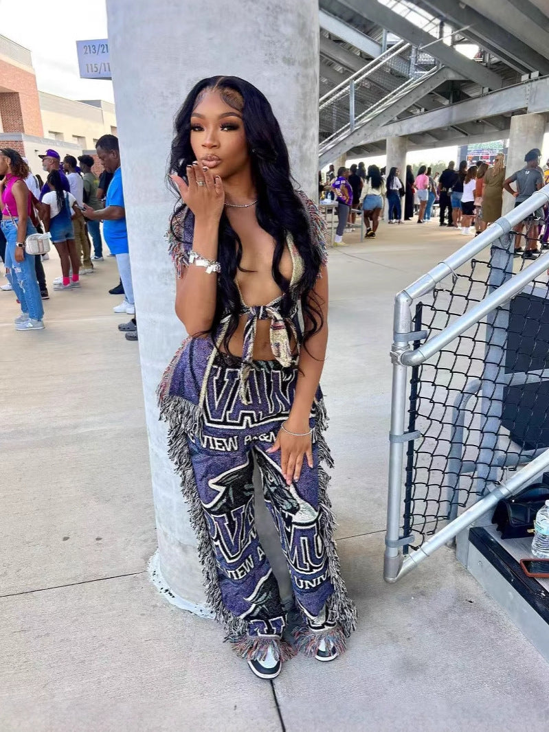 Women casual multi-color print tassel pants 6