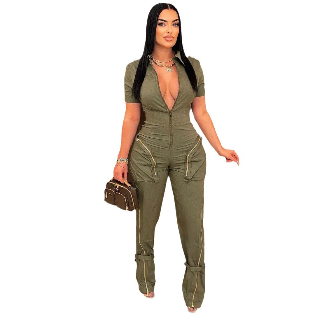 Women Sexy Summer Zipper Pocket Jumpsuit 11