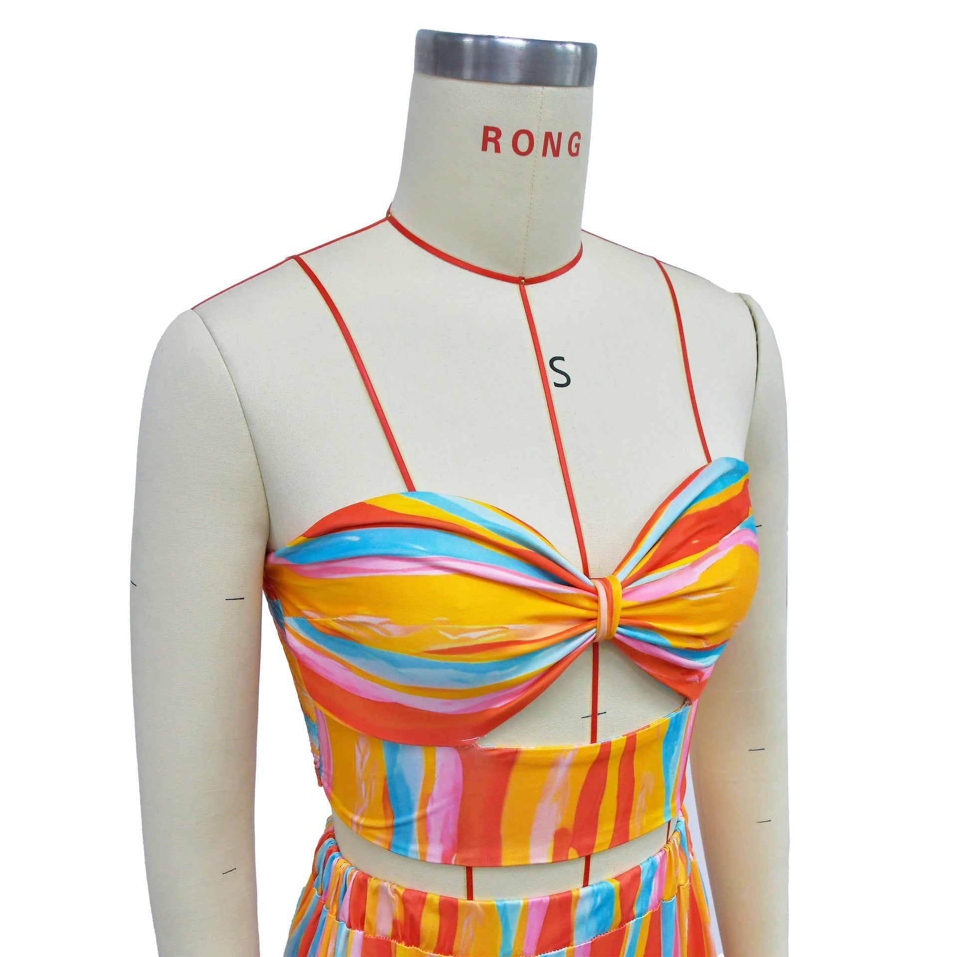 Ladies Fashion Striped Print Strapless Top Long Skirt Two-Piece Set 14