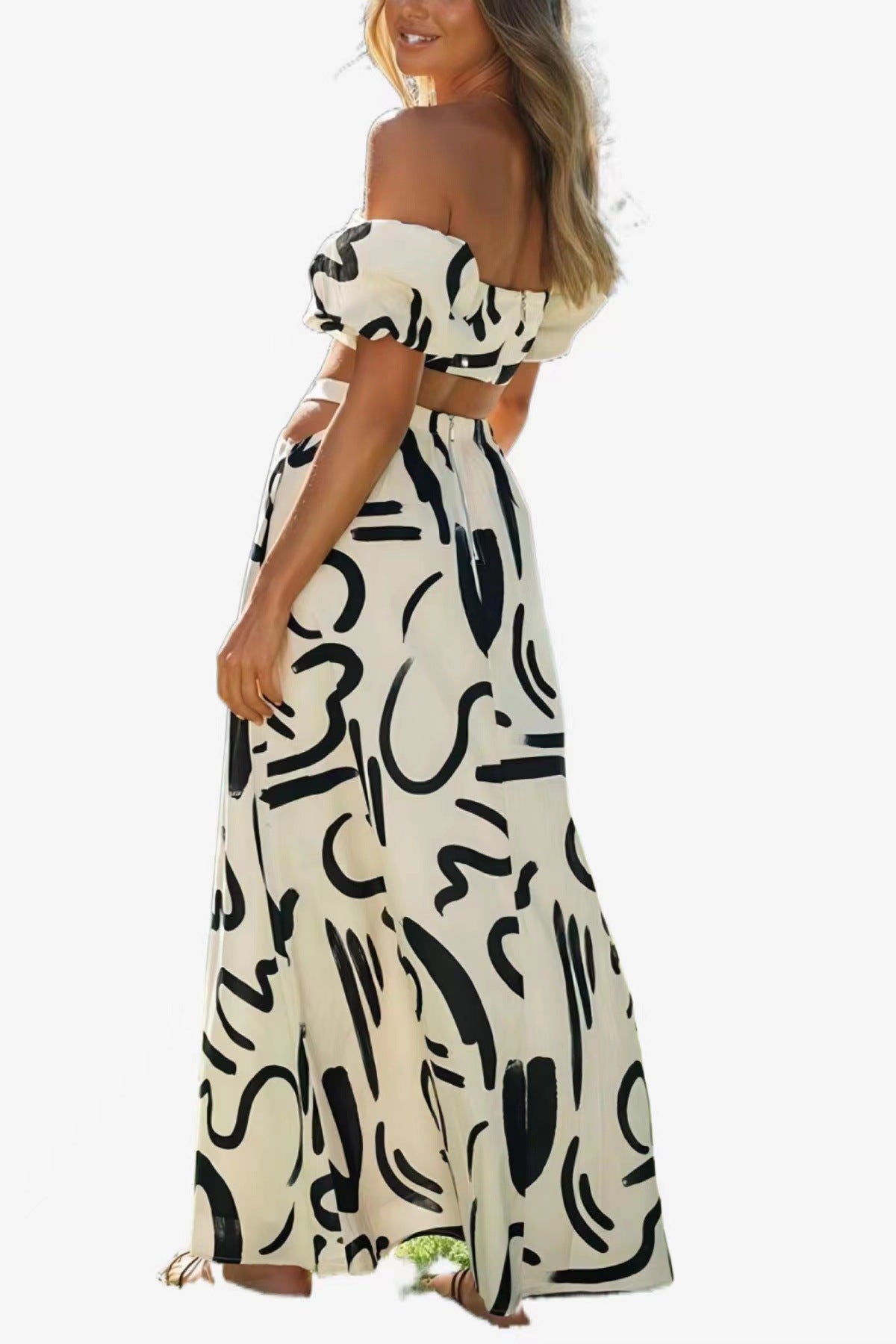 Women's Summer Puff Sleeve Top Hollow Long Swing Skirt Two Pieces Set 8