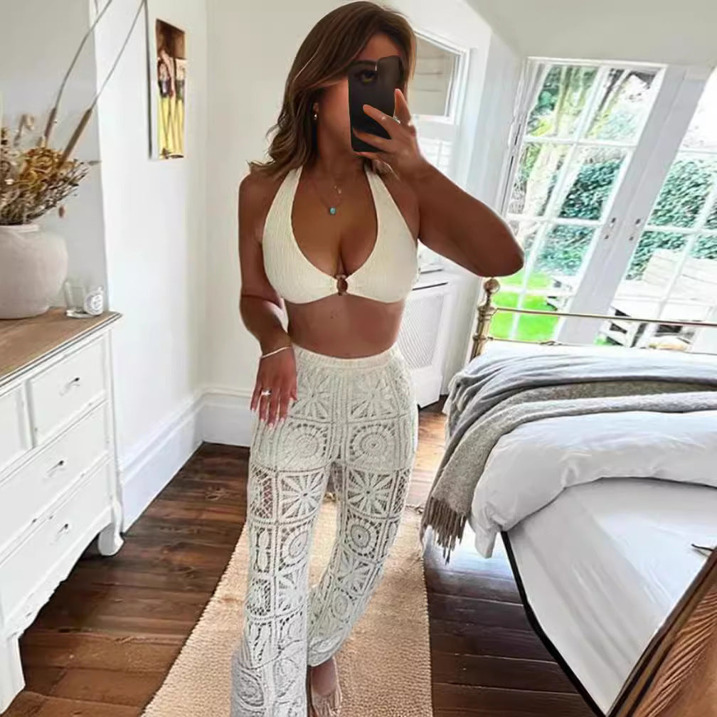 Women knitting hollow Top and Pants Two Piece Set 6