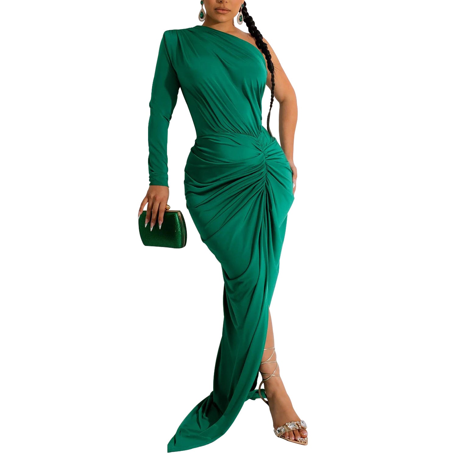 Fashion Women's Solid Color Slash Shoulder Single Long Sleeve Long Pleated Dress 16