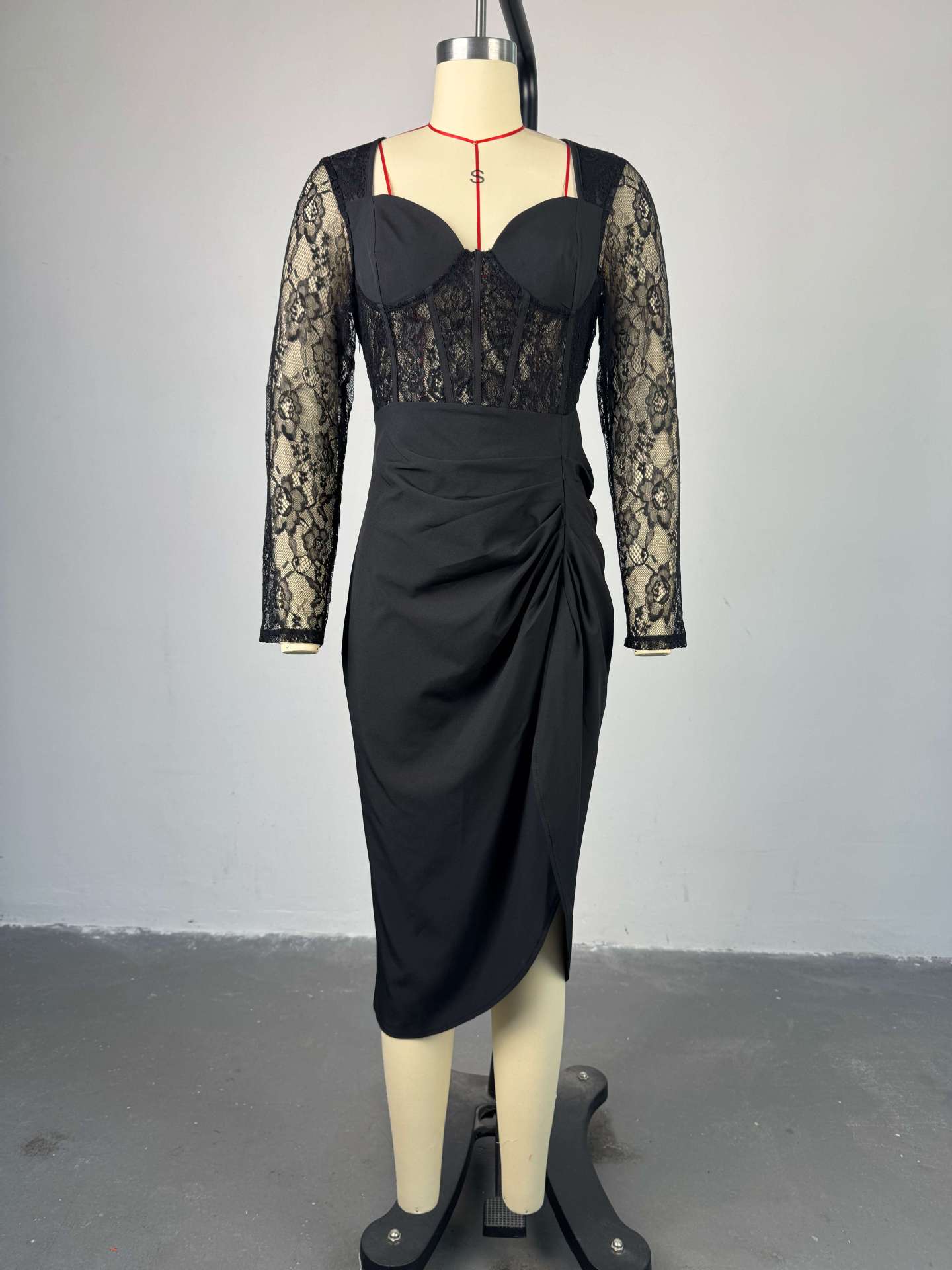 Women spring elegant square neck lace long sleeve maxi dress