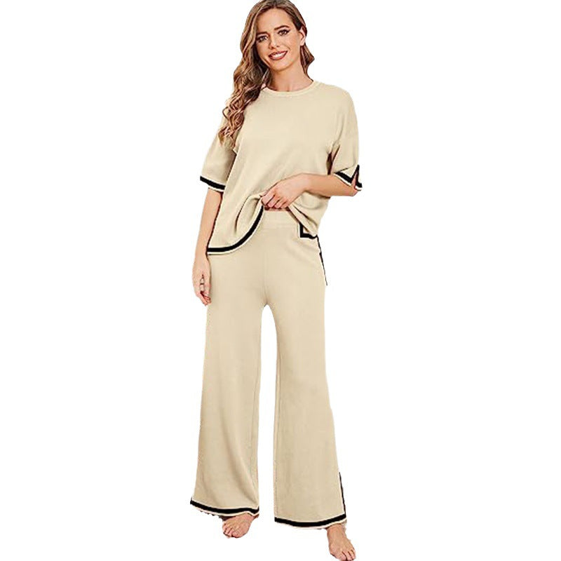 Women summer knitting short-sleeved Topand wide-leg pants two-piece set 14