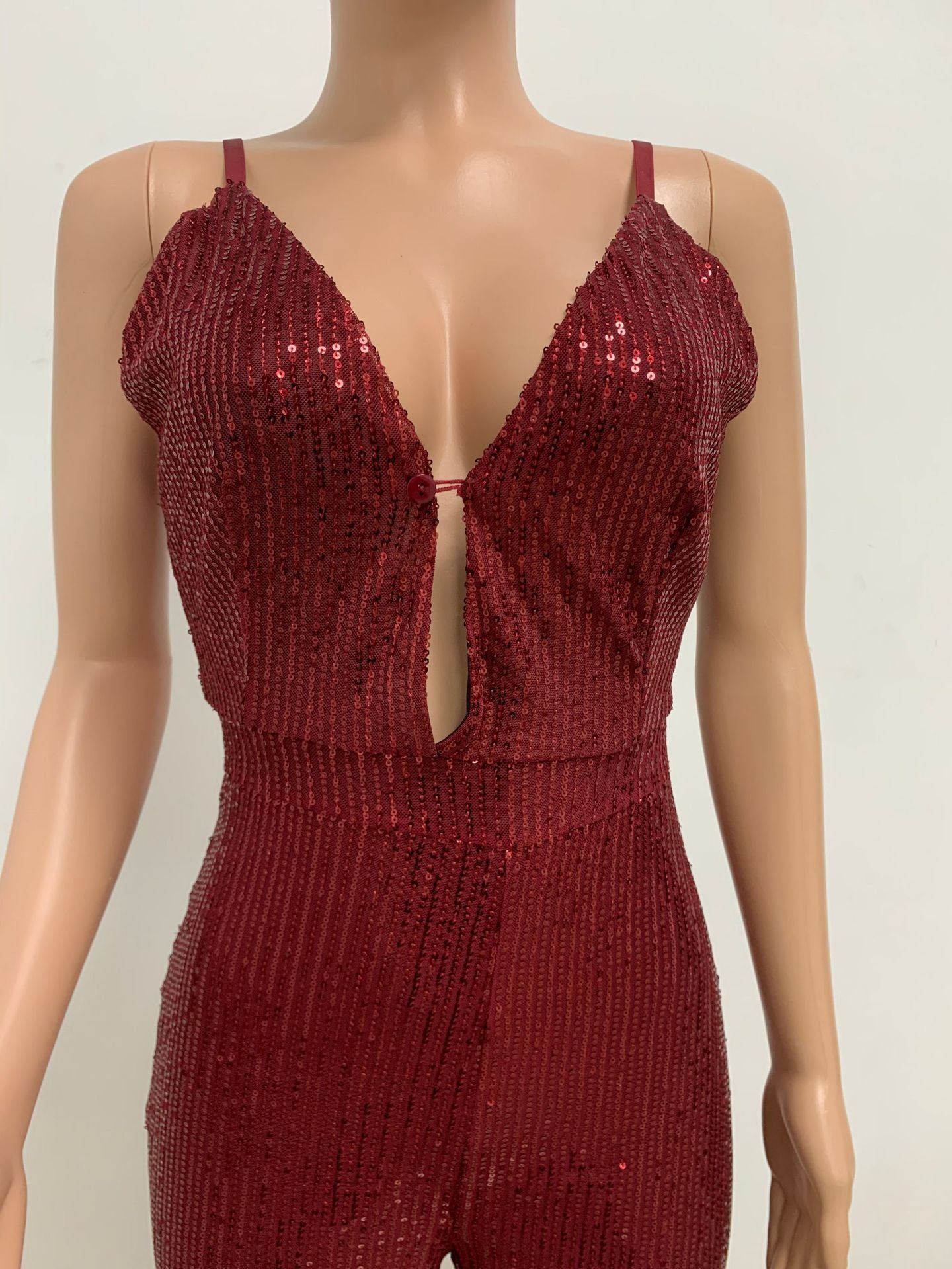 Deep V Neck Low Back Sleeveless Chic Sequined Straps Elegant Women's Party Jumpsuit 42