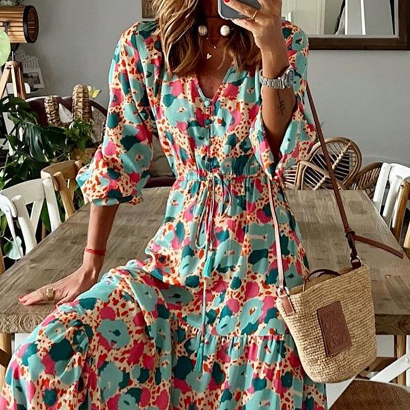 Fall Women V-Neck Long Sleeve Printed Loose Maxi Dress