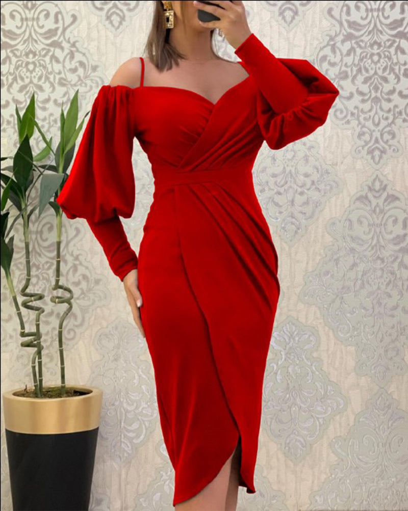 Women suspender balloon sleeves Irregular Maxi dress 3