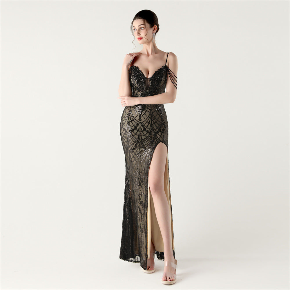 Women Beaded Sequin V Neck strap backless Formal Party fishtail evening dress 25