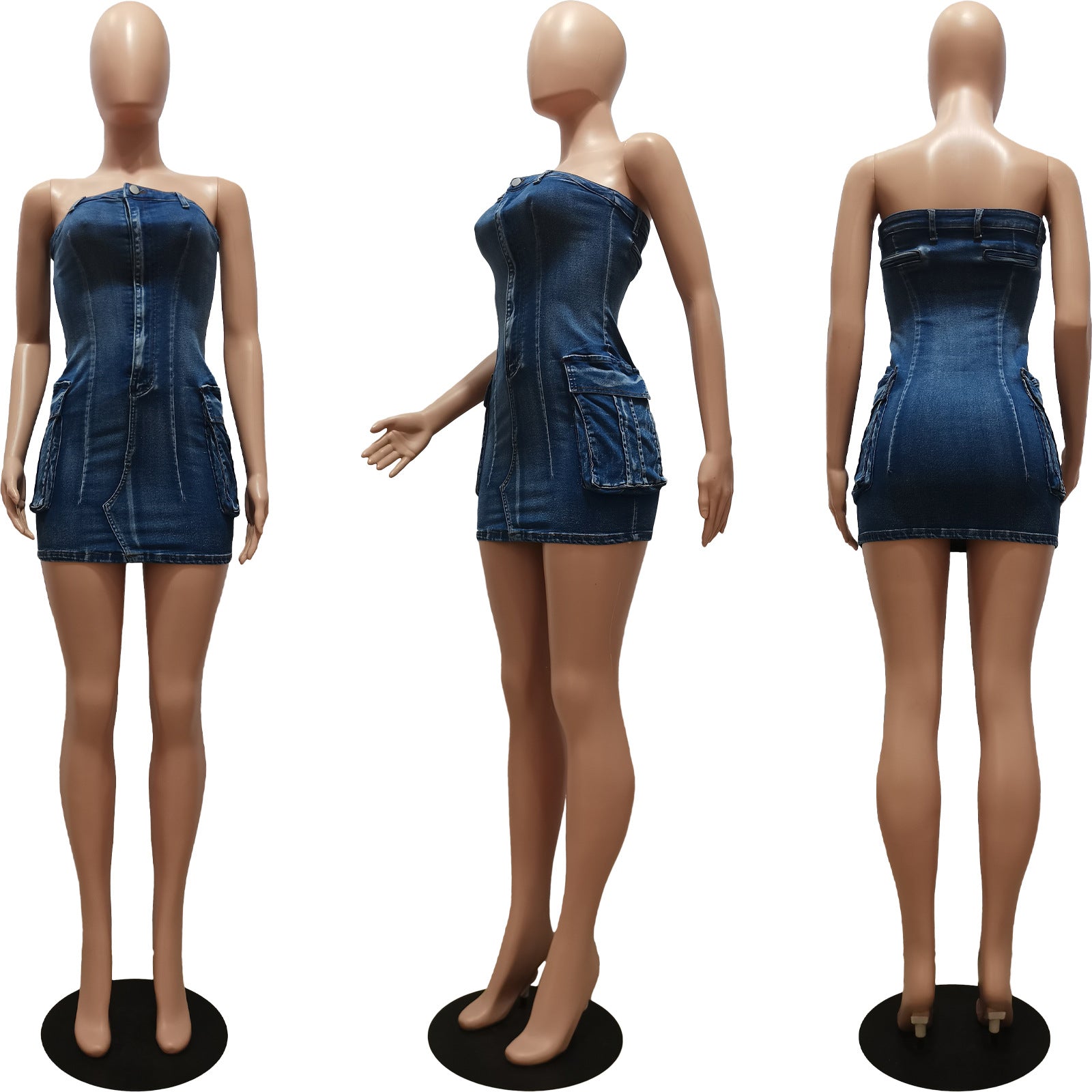 Women Sexy Strapless Washed Button Stretch Denim Dress 10