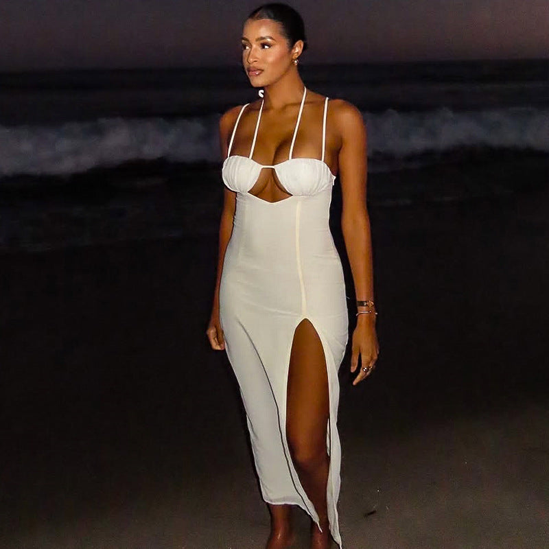 Women's Trendy Low Back Halter Neck Solid Color Hollow Slit Irregular Long Dress 3