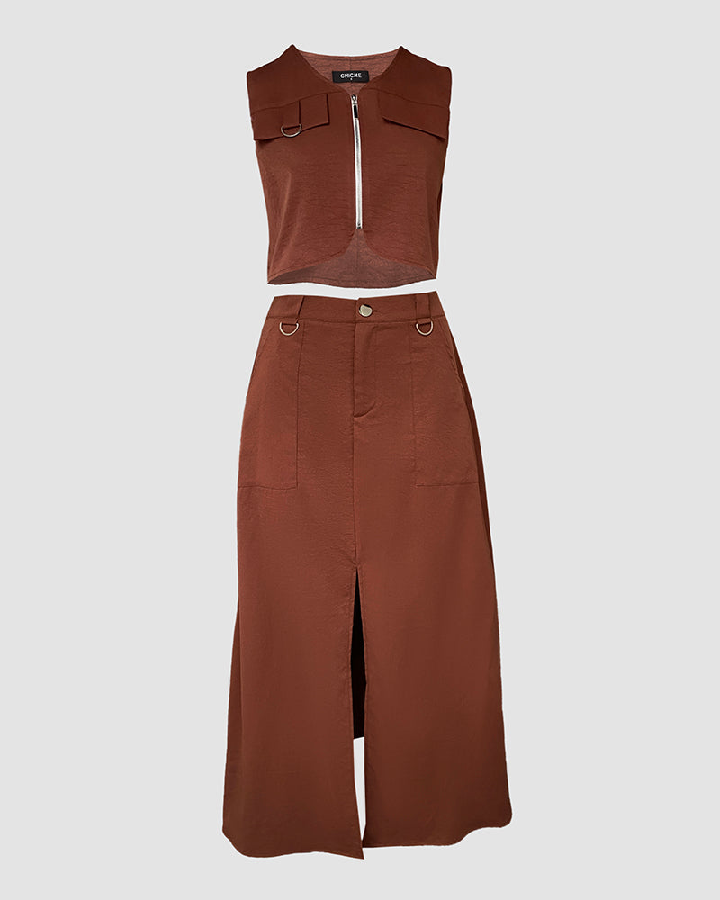 Women's Fashion Solid Color Sleeveless Zipper Metal Ring Vest & High Waist Slit Long Skirt Set 4