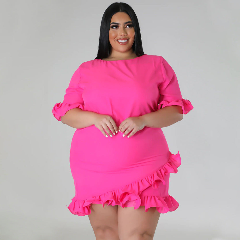 Plus Size Women's Fashion Fit Round Neck Solid Ruffle Casual Dress 4
