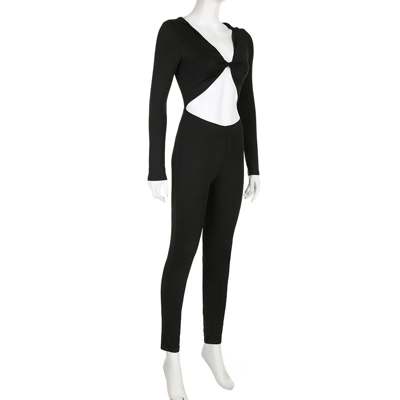 Women Casual Solid Hooded Long Sleeve Knot Jumpsuit 11