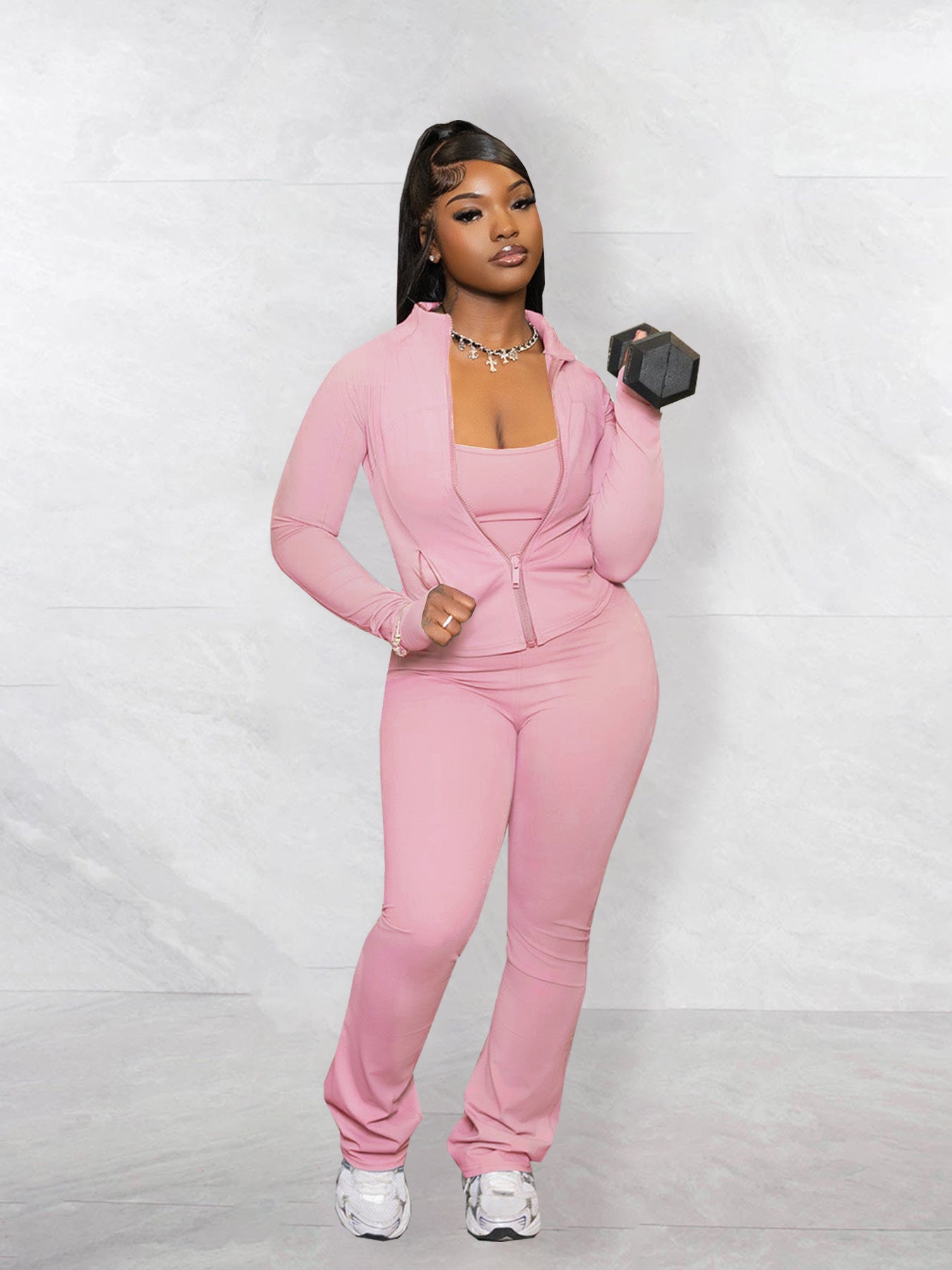 Women's Fashion Solid Color Pocket Zipper High Collar Jacket Casual Jumpsuit Sports Two-Piece Set 4