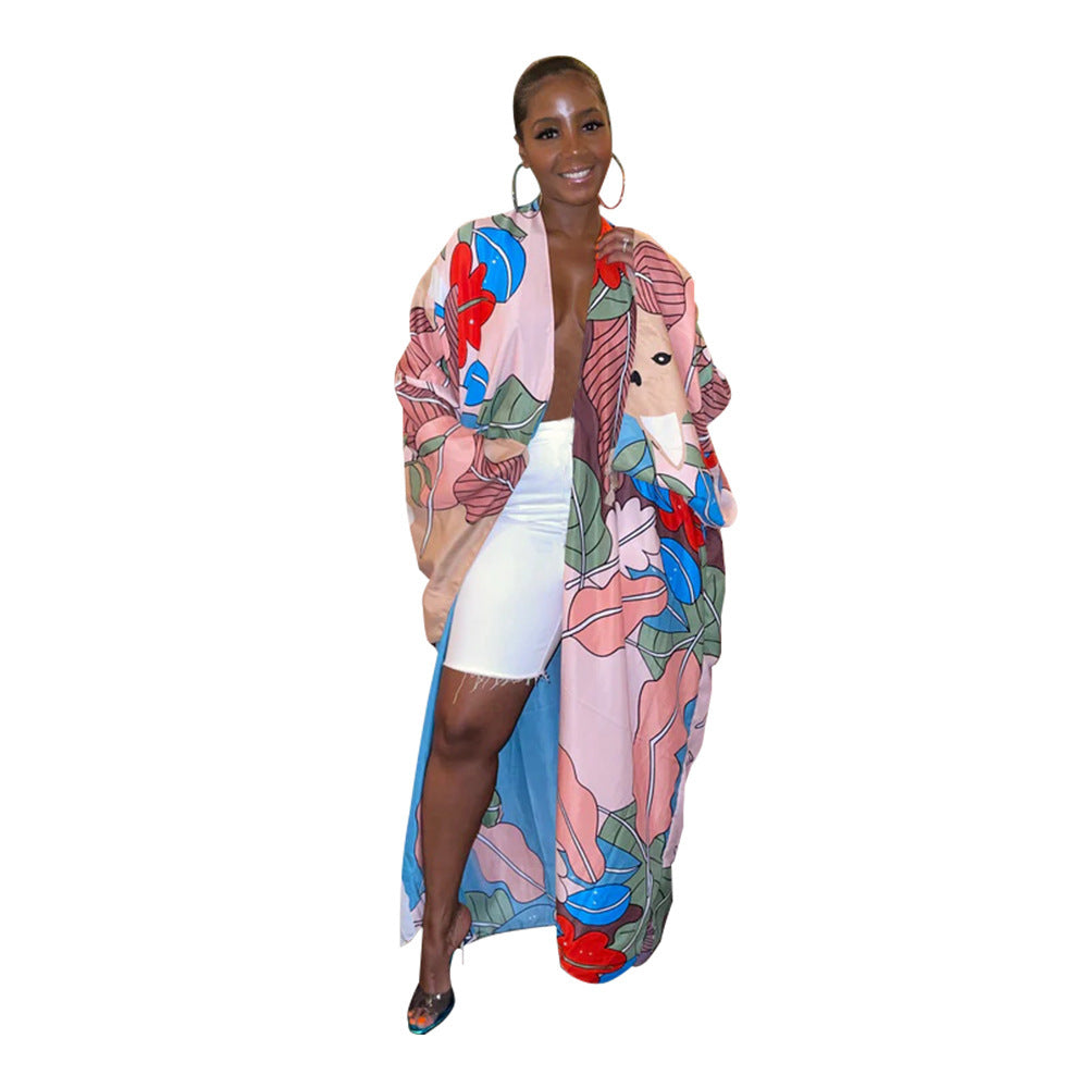 Women Printed Loose Casual Kimono Long Sleeve Robe 8