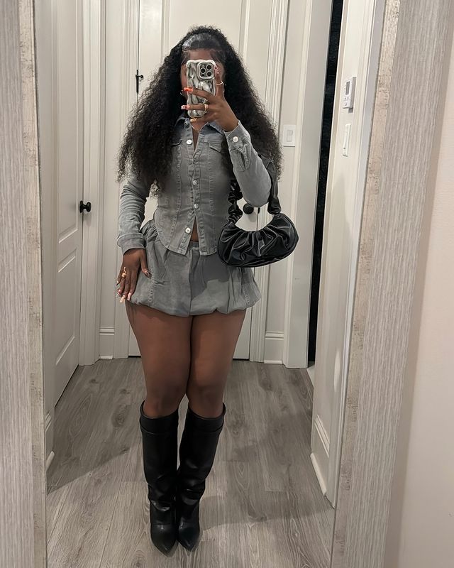 Slim Shirt Stretch Denim Skirt Women's Two Piece Set