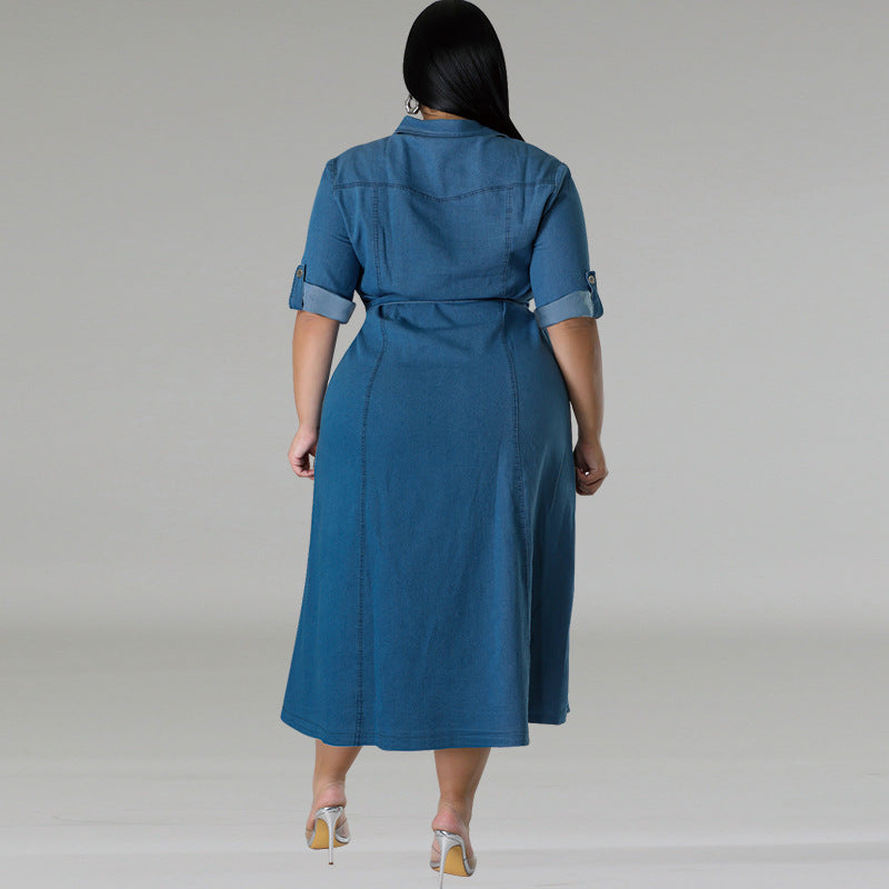 Plus Size Women Denim Turndown Collar Long Sleeve Lace-Up Maxi Dress 4