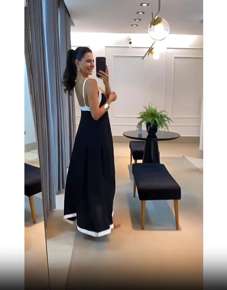 Women Elegant Contrast Color V Neck Strap Dress 7