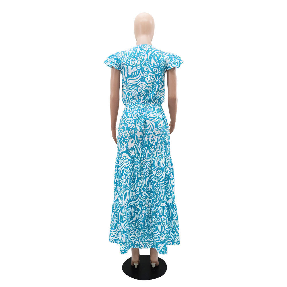 Women floral short-sleeved Top and Long Skirt two-piece set 5