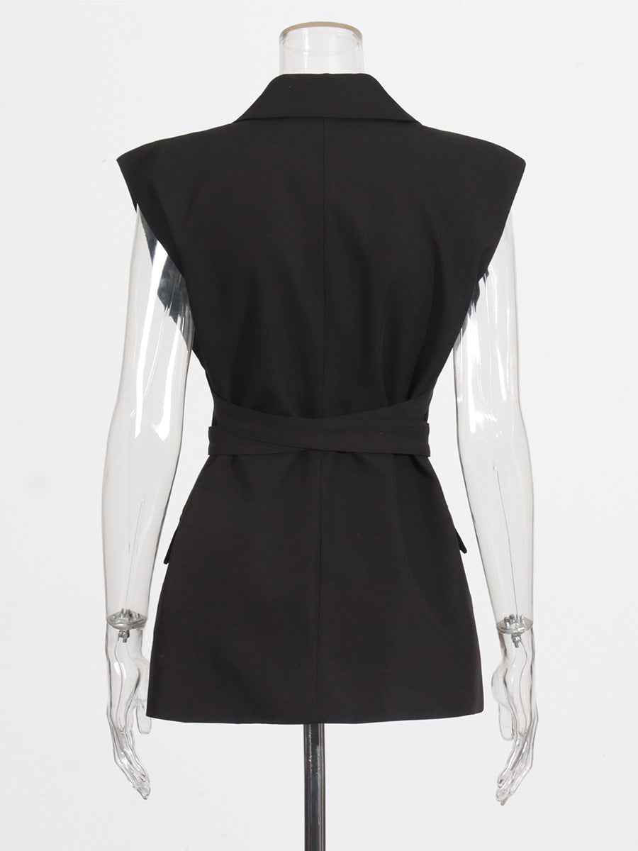 Patchwork Cross Tie Vest Solid Color Sleeveless Blazer for Women 6