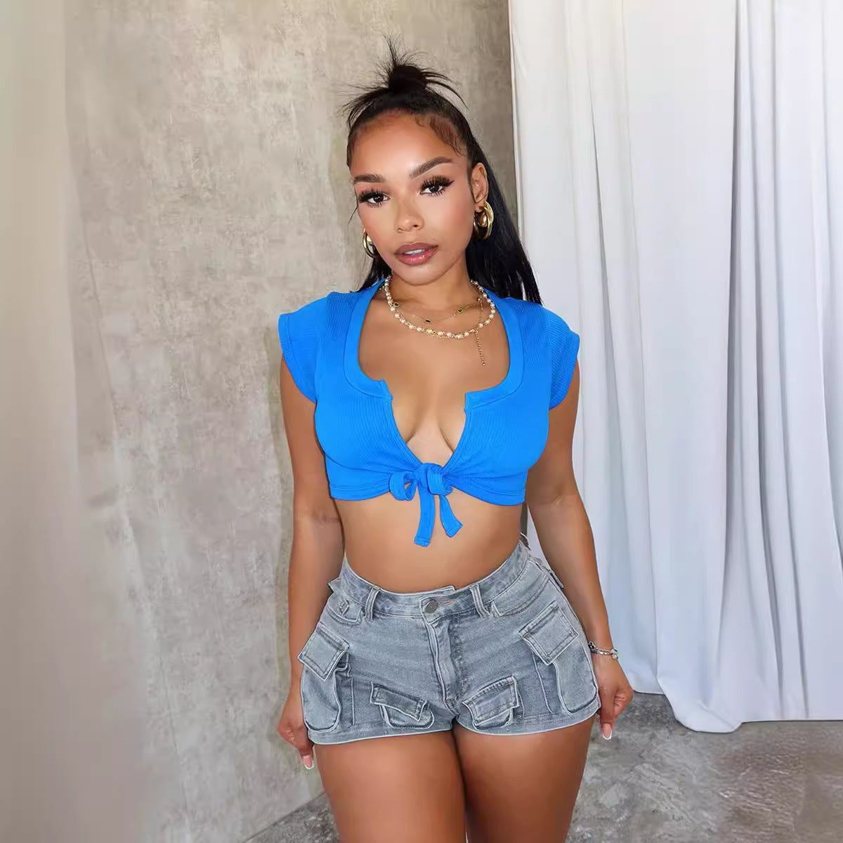 Women Cargo Stretch Denim Shorts 3