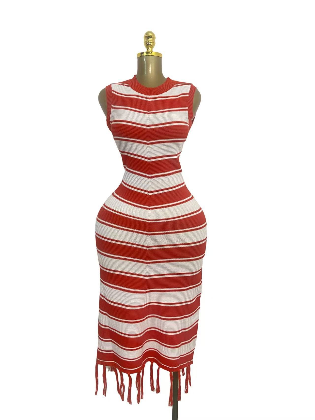 Tight Fitting Striped Tassel Sweater Dress Slim Fit Knit Fashionable Elegant Dress 4